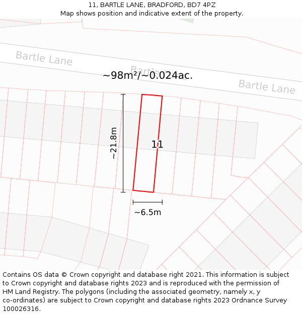 11, BARTLE LANE, BRADFORD, BD7 4PZ: Plot and title map