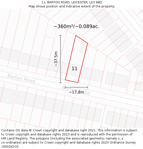 11, BARTON ROAD, LEICESTER, LE3 9BD: Plot and title map