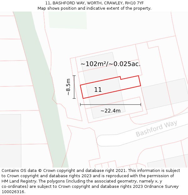 11, BASHFORD WAY, WORTH, CRAWLEY, RH10 7YF: Plot and title map
