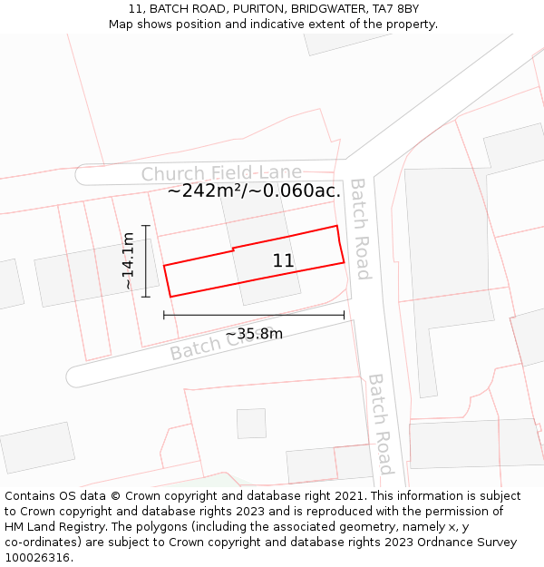 11, BATCH ROAD, PURITON, BRIDGWATER, TA7 8BY: Plot and title map