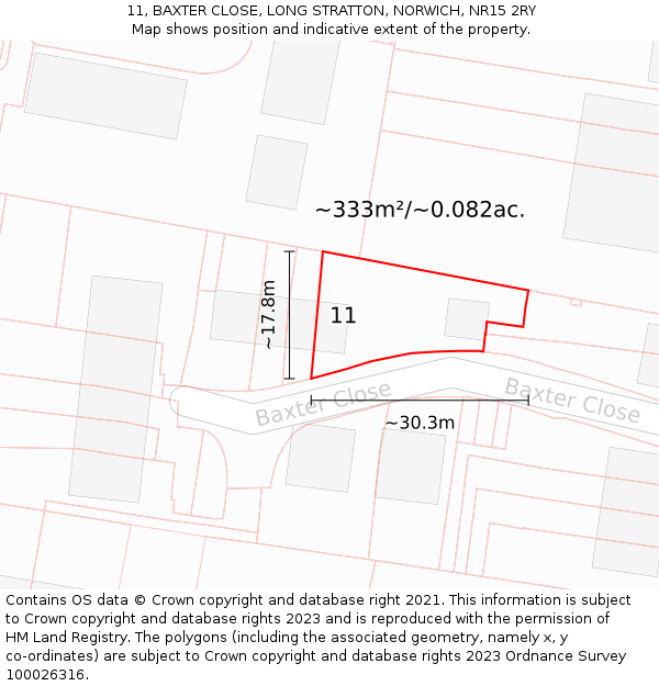 11, BAXTER CLOSE, LONG STRATTON, NORWICH, NR15 2RY: Plot and title map