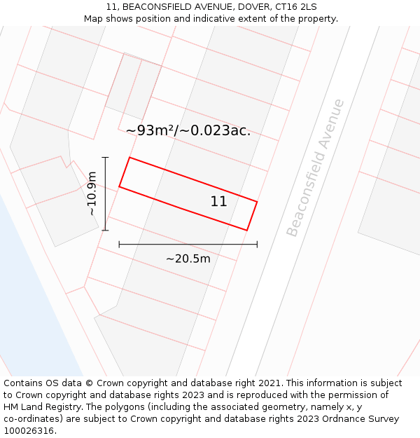 11, BEACONSFIELD AVENUE, DOVER, CT16 2LS: Plot and title map