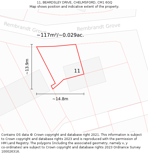 11, BEARDSLEY DRIVE, CHELMSFORD, CM1 6GQ: Plot and title map