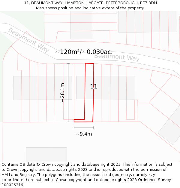 11, BEAUMONT WAY, HAMPTON HARGATE, PETERBOROUGH, PE7 8DN: Plot and title map
