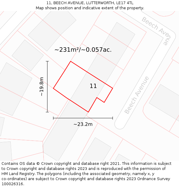 11, BEECH AVENUE, LUTTERWORTH, LE17 4TL: Plot and title map