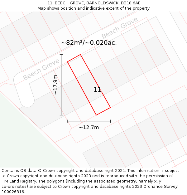 11, BEECH GROVE, BARNOLDSWICK, BB18 6AE: Plot and title map