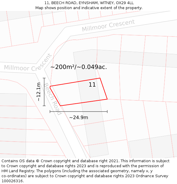 11, BEECH ROAD, EYNSHAM, WITNEY, OX29 4LL: Plot and title map