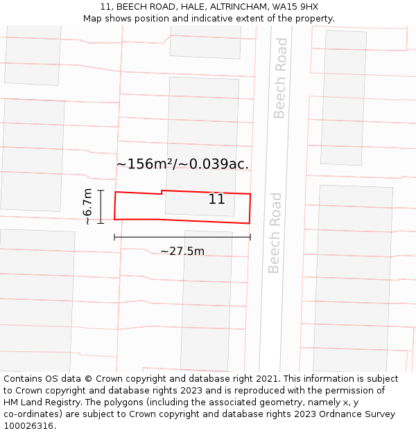 11, BEECH ROAD, HALE, ALTRINCHAM, WA15 9HX: Plot and title map