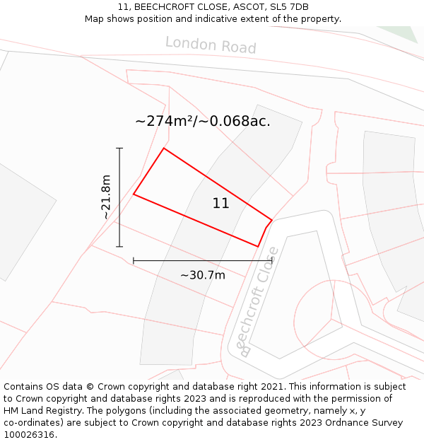 11, BEECHCROFT CLOSE, ASCOT, SL5 7DB: Plot and title map