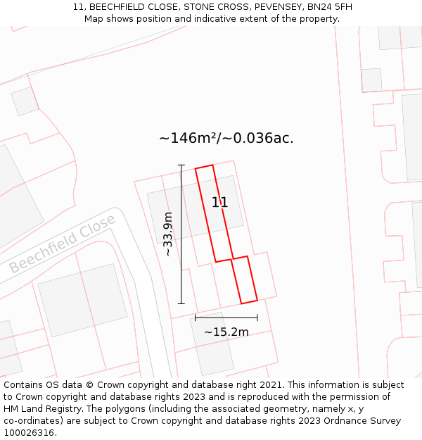 11, BEECHFIELD CLOSE, STONE CROSS, PEVENSEY, BN24 5FH: Plot and title map