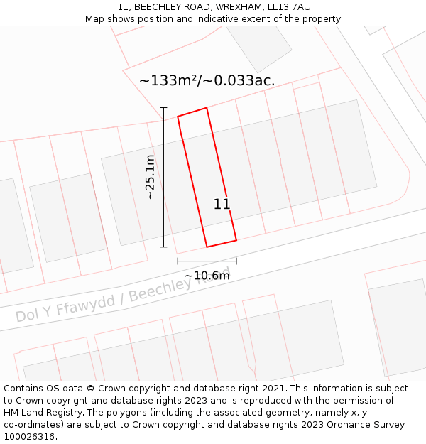 11, BEECHLEY ROAD, WREXHAM, LL13 7AU: Plot and title map