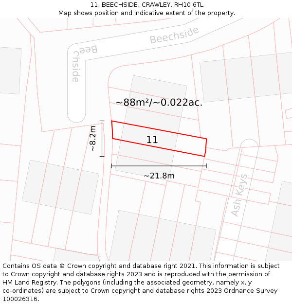 11, BEECHSIDE, CRAWLEY, RH10 6TL: Plot and title map