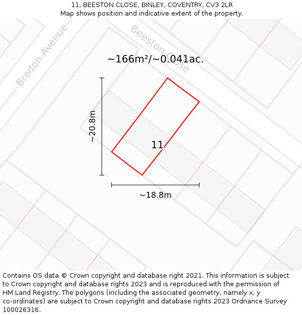 11, BEESTON CLOSE, BINLEY, COVENTRY, CV3 2LR: Plot and title map