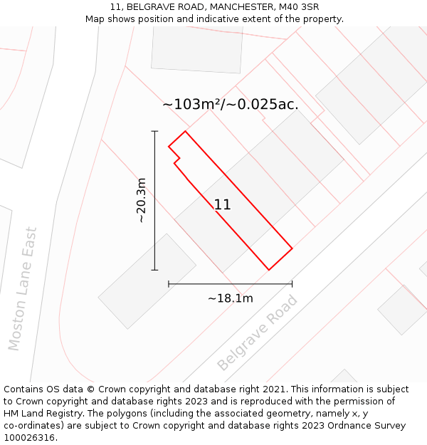 11, BELGRAVE ROAD, MANCHESTER, M40 3SR: Plot and title map