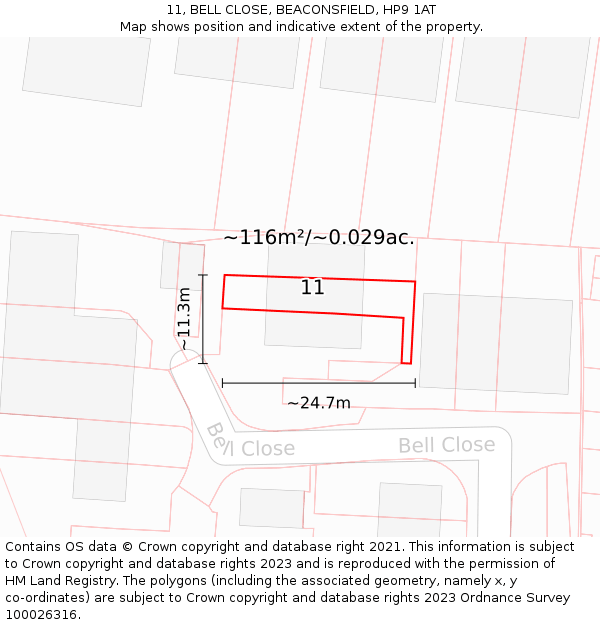 11, BELL CLOSE, BEACONSFIELD, HP9 1AT: Plot and title map