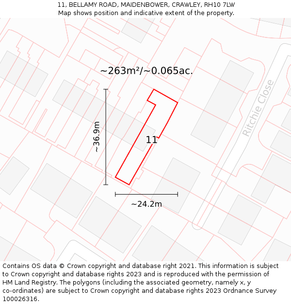 11, BELLAMY ROAD, MAIDENBOWER, CRAWLEY, RH10 7LW: Plot and title map
