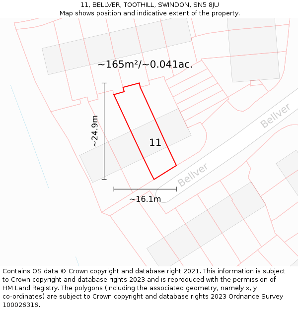 11, BELLVER, TOOTHILL, SWINDON, SN5 8JU: Plot and title map