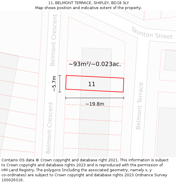 11, BELMONT TERRACE, SHIPLEY, BD18 3LY: Plot and title map