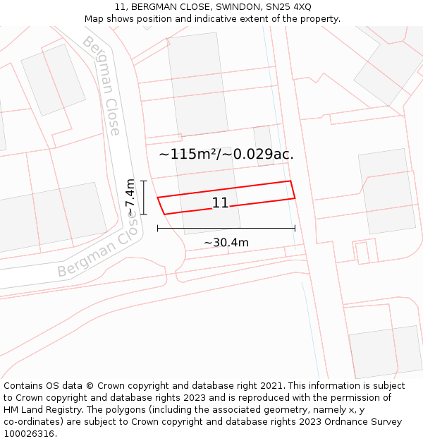 11, BERGMAN CLOSE, SWINDON, SN25 4XQ: Plot and title map