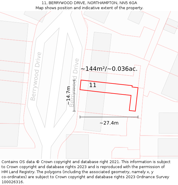 11, BERRYWOOD DRIVE, NORTHAMPTON, NN5 6GA: Plot and title map