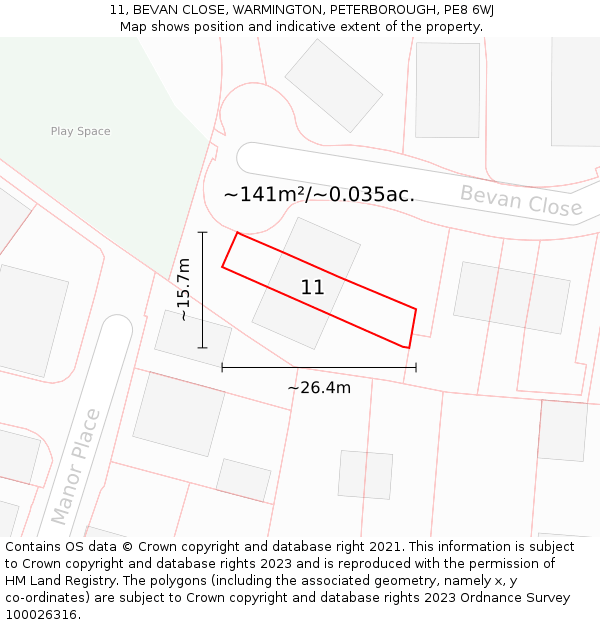 11, BEVAN CLOSE, WARMINGTON, PETERBOROUGH, PE8 6WJ: Plot and title map