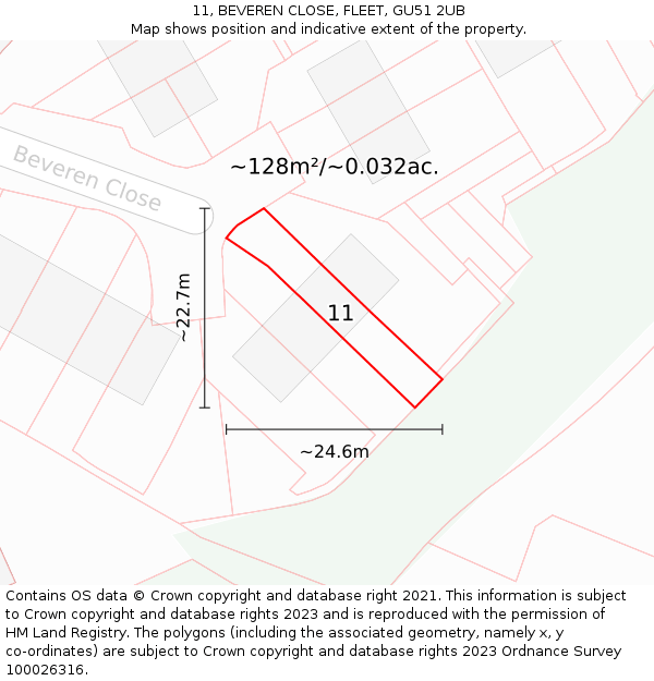 11, BEVEREN CLOSE, FLEET, GU51 2UB: Plot and title map