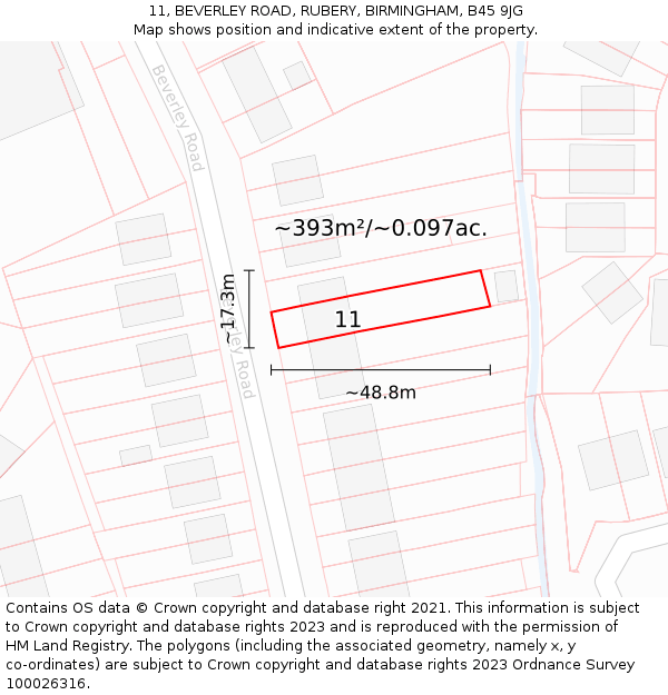 11, BEVERLEY ROAD, RUBERY, BIRMINGHAM, B45 9JG: Plot and title map