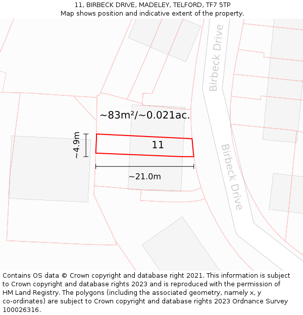 11, BIRBECK DRIVE, MADELEY, TELFORD, TF7 5TP: Plot and title map