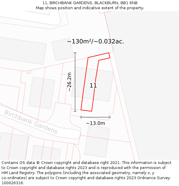 11, BIRCHBANK GARDENS, BLACKBURN, BB1 6NB: Plot and title map
