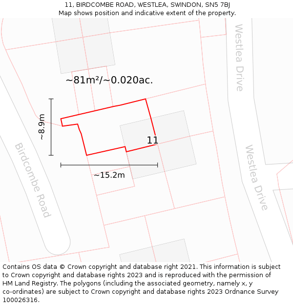 11, BIRDCOMBE ROAD, WESTLEA, SWINDON, SN5 7BJ: Plot and title map