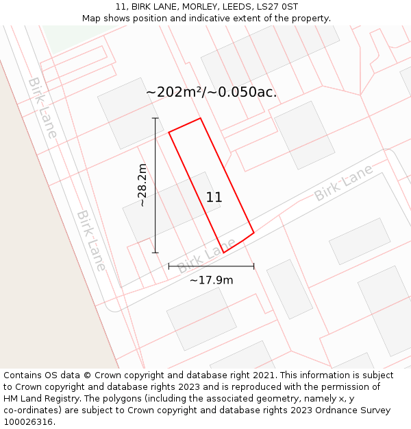 11, BIRK LANE, MORLEY, LEEDS, LS27 0ST: Plot and title map