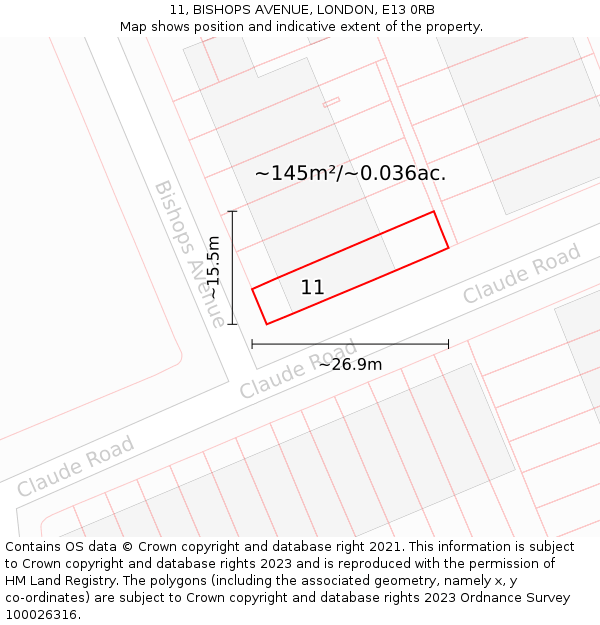 11, BISHOPS AVENUE, LONDON, E13 0RB: Plot and title map