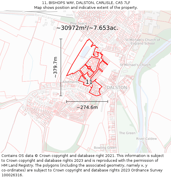 11, BISHOPS WAY, DALSTON, CARLISLE, CA5 7LF: Plot and title map