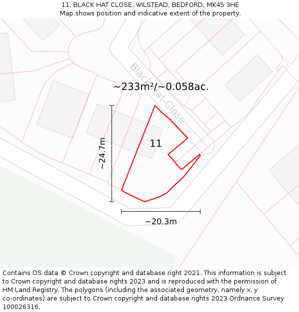 11, BLACK HAT CLOSE, WILSTEAD, BEDFORD, MK45 3HE: Plot and title map