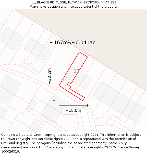11, BLACKBIRD CLOSE, FLITWICK, BEDFORD, MK45 1SB: Plot and title map