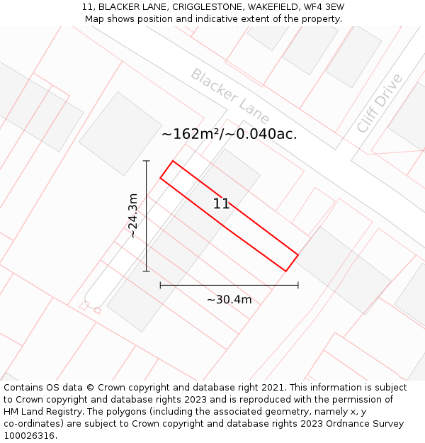 11, BLACKER LANE, CRIGGLESTONE, WAKEFIELD, WF4 3EW: Plot and title map