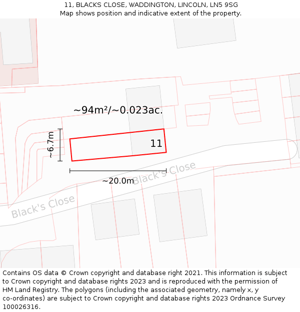 11, BLACKS CLOSE, WADDINGTON, LINCOLN, LN5 9SG: Plot and title map