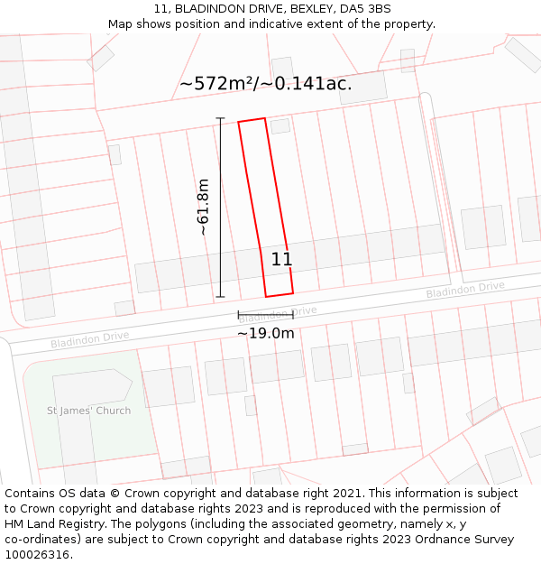 11, BLADINDON DRIVE, BEXLEY, DA5 3BS: Plot and title map