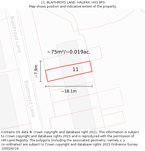 11, BLAITHROYD LANE, HALIFAX, HX3 9PS: Plot and title map