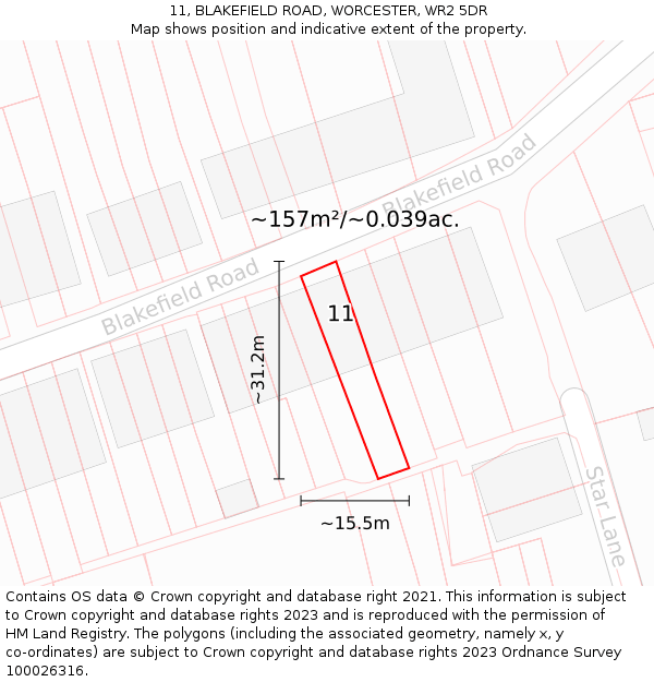 11, BLAKEFIELD ROAD, WORCESTER, WR2 5DR: Plot and title map