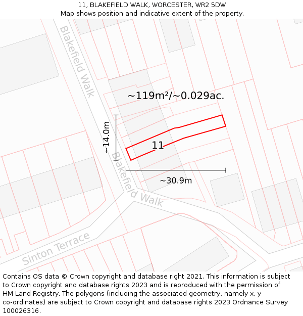 11, BLAKEFIELD WALK, WORCESTER, WR2 5DW: Plot and title map