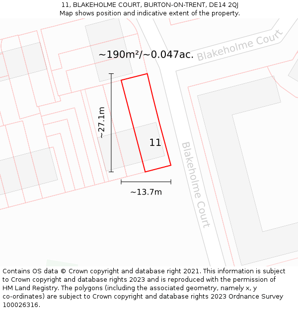 11, BLAKEHOLME COURT, BURTON-ON-TRENT, DE14 2QJ: Plot and title map