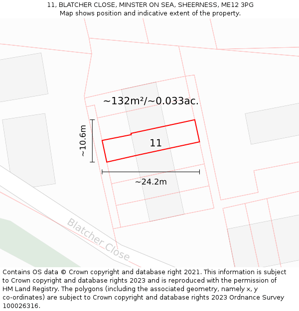 11, BLATCHER CLOSE, MINSTER ON SEA, SHEERNESS, ME12 3PG: Plot and title map