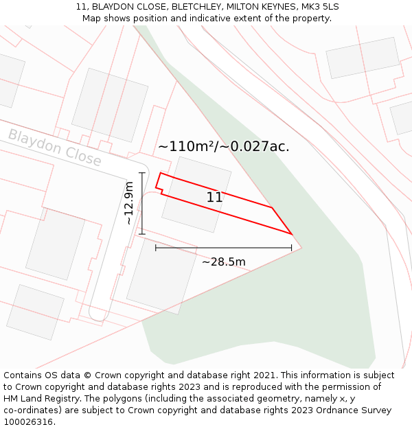 11, BLAYDON CLOSE, BLETCHLEY, MILTON KEYNES, MK3 5LS: Plot and title map