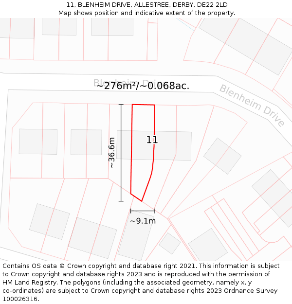 11, BLENHEIM DRIVE, ALLESTREE, DERBY, DE22 2LD: Plot and title map
