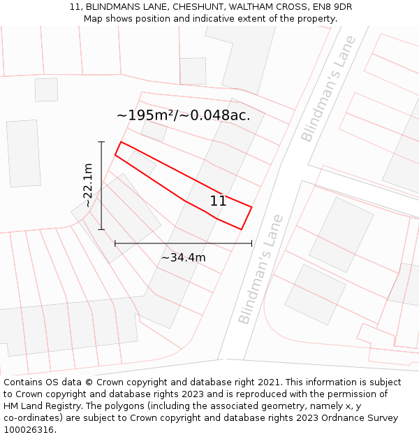 11, BLINDMANS LANE, CHESHUNT, WALTHAM CROSS, EN8 9DR: Plot and title map
