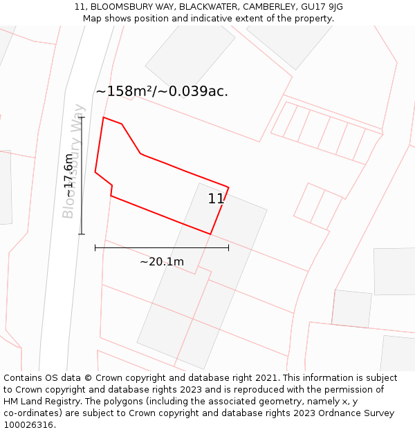 11, BLOOMSBURY WAY, BLACKWATER, CAMBERLEY, GU17 9JG: Plot and title map