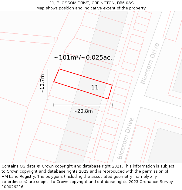 11, BLOSSOM DRIVE, ORPINGTON, BR6 0AS: Plot and title map