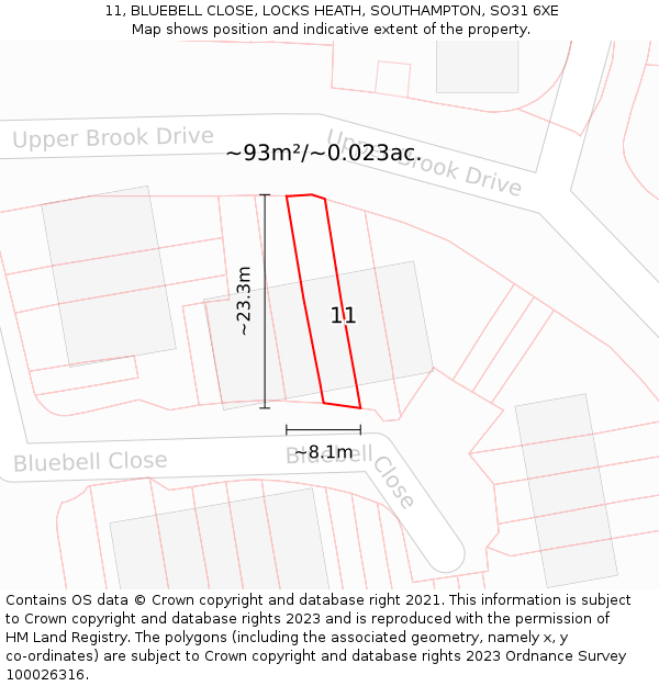 11, BLUEBELL CLOSE, LOCKS HEATH, SOUTHAMPTON, SO31 6XE: Plot and title map