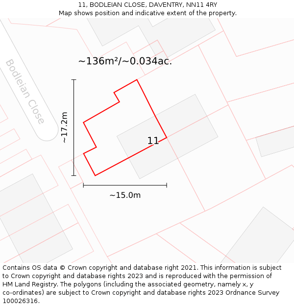 11, BODLEIAN CLOSE, DAVENTRY, NN11 4RY: Plot and title map